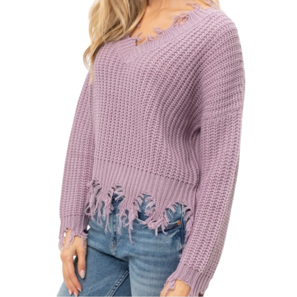 Love Tree Womens Distressed Pastel Purple Lilac V Neck Knit Sweater Small S